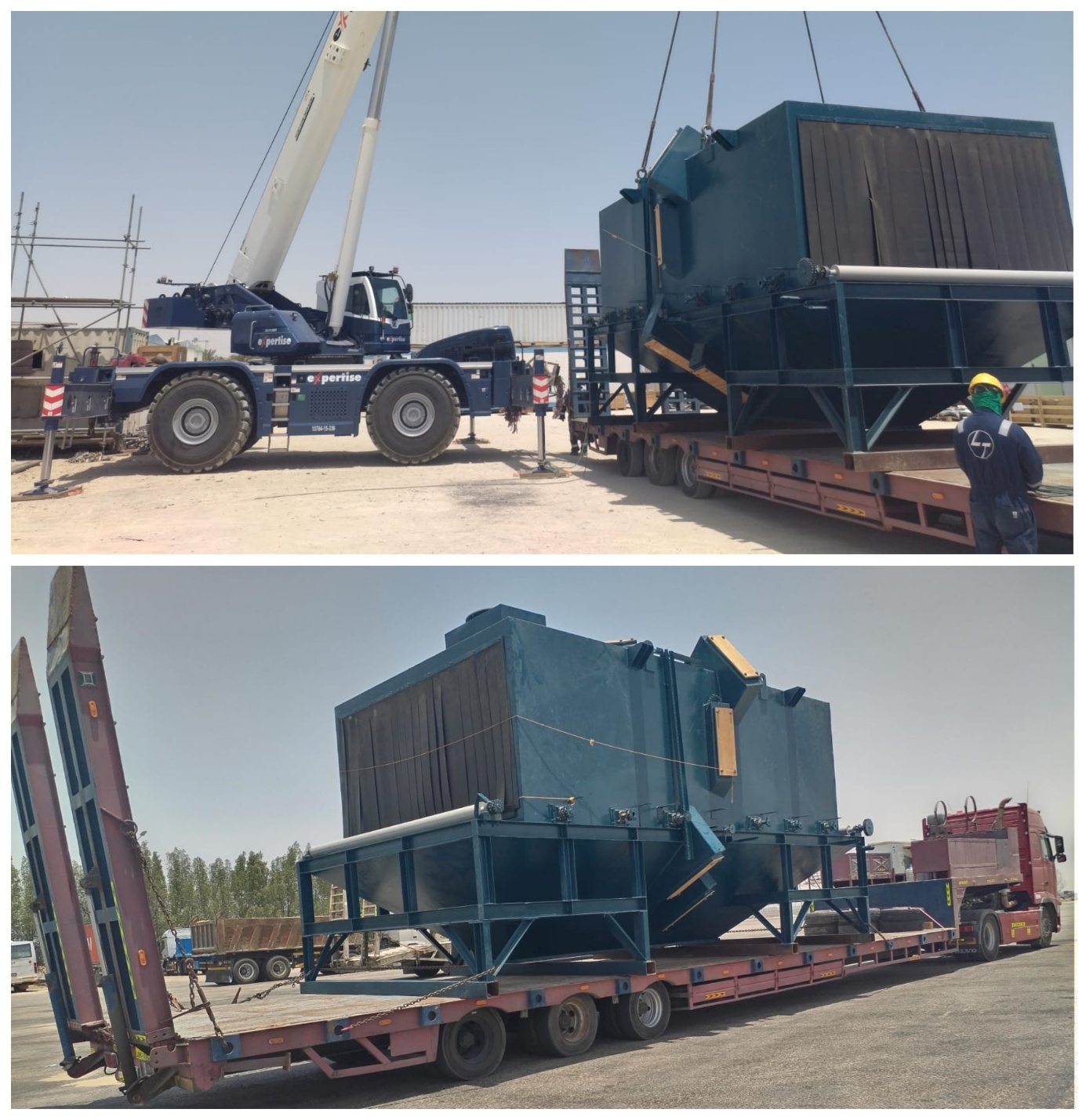 Large industrial cooling unit being lifted by a mobile crane