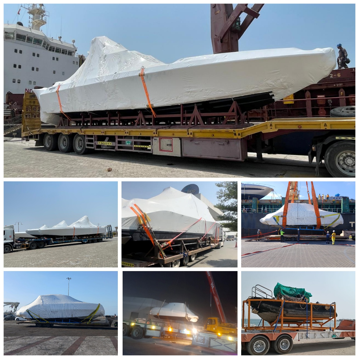 Wrapped yacht secured on a trailer for transport